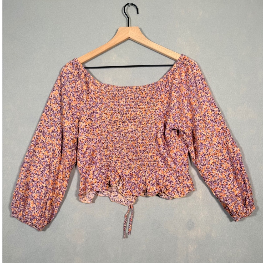 Japna Women Purple Orange Floral Smocked Peplum Blouse Square Neck Large - Picture 7 of 8